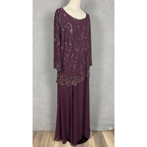 Jkara Plus Size Plum Beaded Evening Gown 3/4 Sleeves Scoop Neckline 24W NWT's - Picture 3 of 8